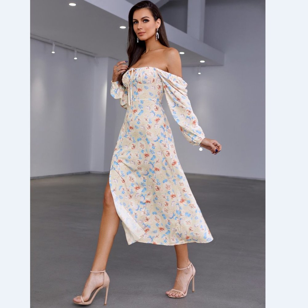 Floral Tie Front Square Neck Split Midi Dress - Picture 5 of 5
